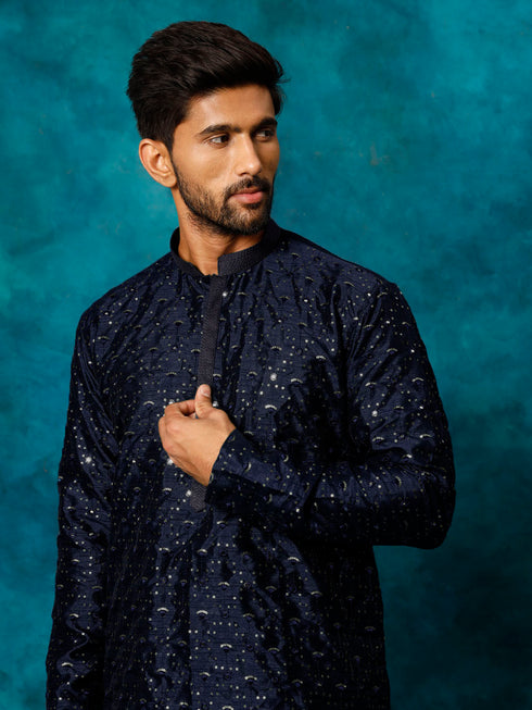 Men's Blue Silk Blend Embellished Kurta